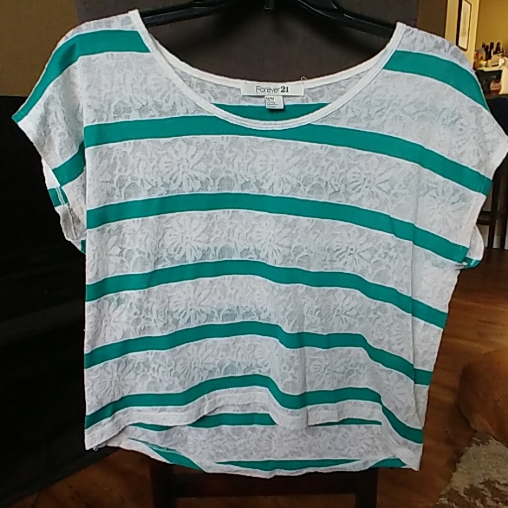White and teal lace crop top